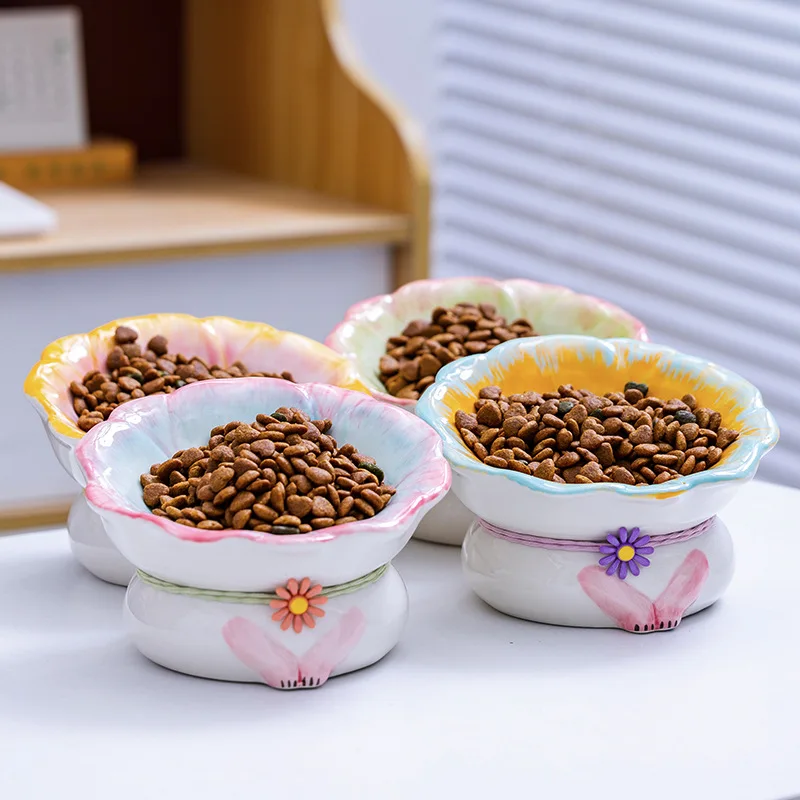 Hand-Painted Flower Ceramic Pet Bowl Neck Protective Anti-Slip Pet Feeder for Cats & Kittens Raised Ceramic Food Water Bowl