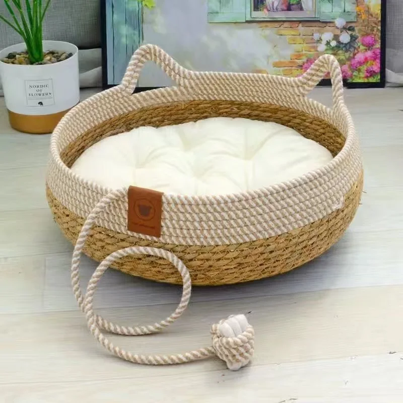 Hand-Woven Bamboo Linen Pet Bed Custom Soft Small Dog Pet Beds Accessories Cat Sleeping Mat Pet Bed