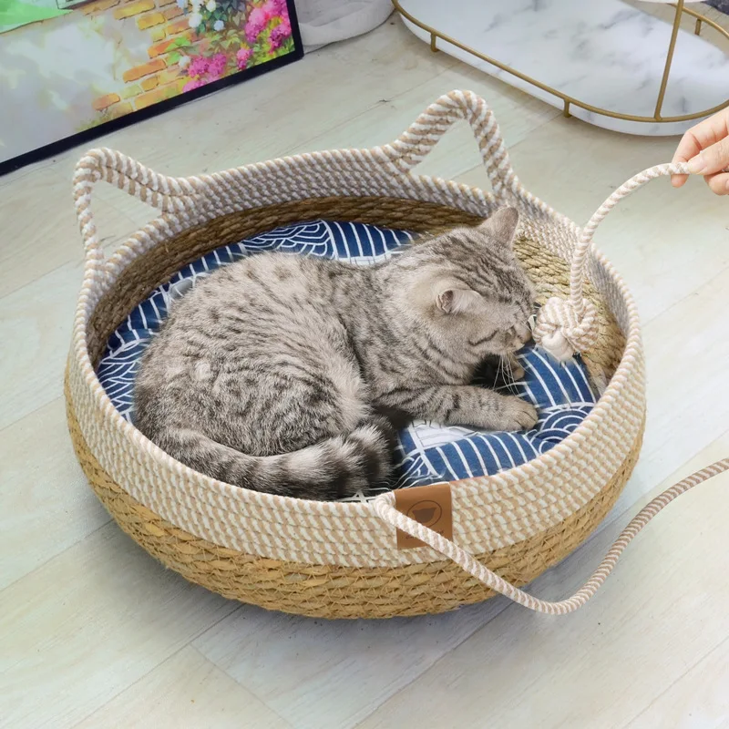 Hand Woven Bamboo Rattan Large Pet Bed Soft Small Dog Pet Beds Accessories Cat Sleeping Mat Pet Bed