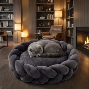 Hand Woven Braided Dog Bed Round Velvet Calming Donut Cat Bed Cushion Macaron Bumper Knot Pet Nest for Small Medium Dogs Cats