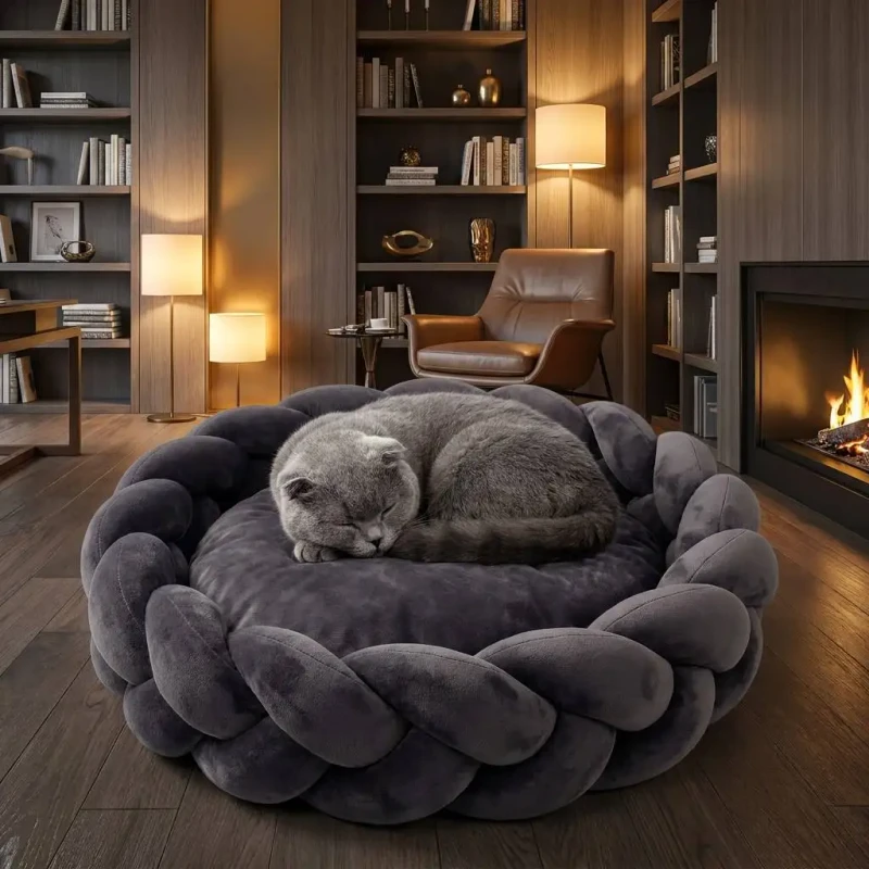 Hand Woven Braided Dog Bed Round Velvet Calming Donut Cat Bed Cushion Macaron Bumper Knot Pet Nest for Small Medium Dogs Cats