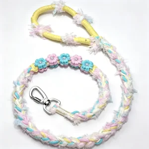 Hand Woven Custom Dog Leashes in Macaron Colors Doublesided Floral Pet Leashes Decorated with Pearls