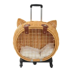 Handmade Wicker Pet Carrier with Rolling Wheels and Retractable Handle for Cats and Small Dogs Travel