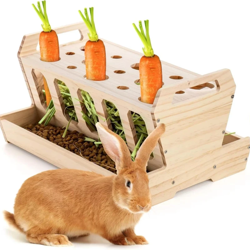 Handmade Wooden Rabbit Feeder DIY Removable Small Animal Food Dispenser for Guinea Pigs Hamsters Pet Cage Bowls Feeders