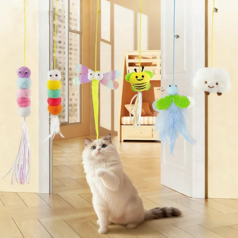 Hanging Cat Teaser Self Entertaining Cat Toy with Retractable Door Mounted Elastic String Feathers Pet Supplies