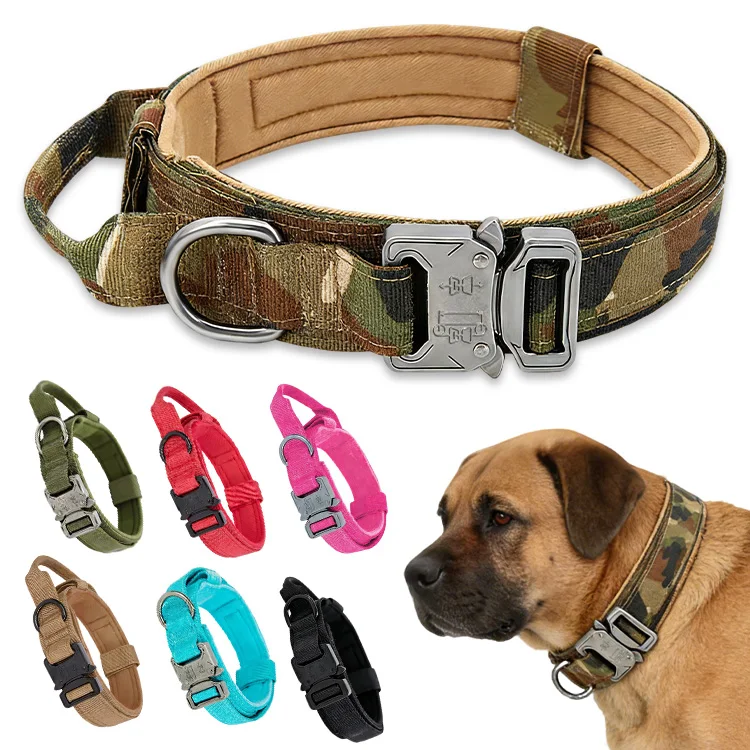 Heavy Duty Adjustable Durable Outdoor Pet Train Collar Nylon Tactical Dog Collars with Handles Quick Release Buckle