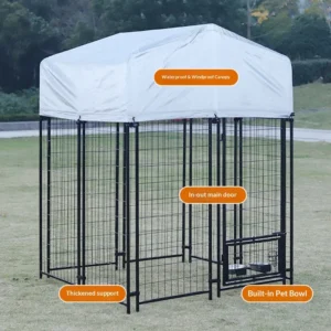 Heavy Duty Dog Cage Pet Fence Bite Resistant Barbed Wire Medium/Large Outdoor Dog Cage with Sunshade Canopy