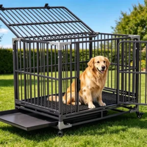 Heavy Duty Iron Square Tube Dog Cage with Wheels Pull-out Tray Powder Coated Sturdy Pet Crate for Large Dogs Indoor Outdoor Use