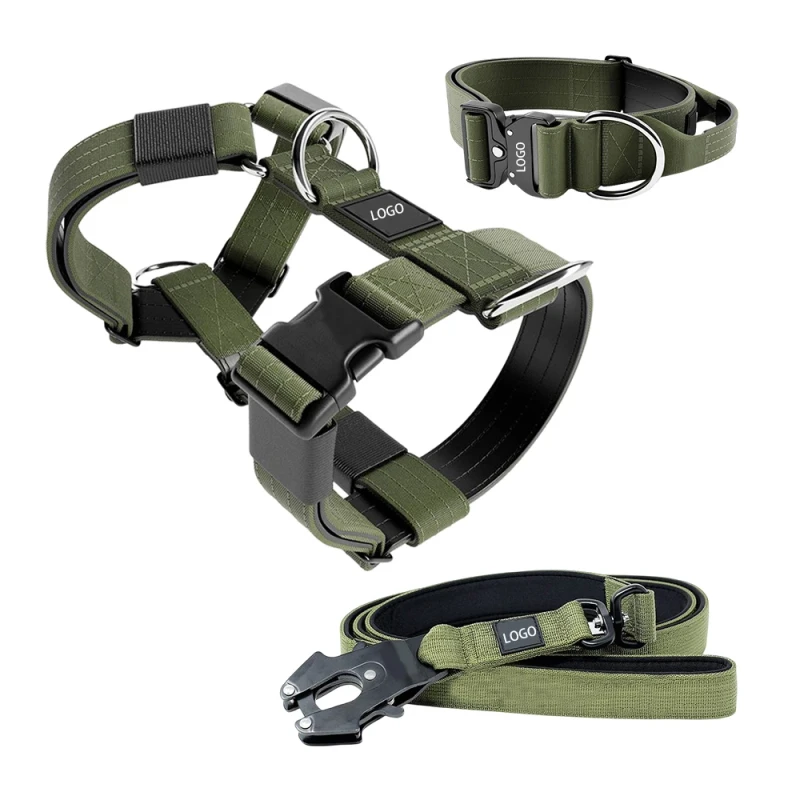 Heavy Duty Safety Tactical Training Polyester Padded Tactical Combat Dog Collar Leash Harness Set No Pull for Training Walking