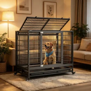 Heavy Duty Stainless Steel Solid Dog Cage with Wheels & Tray Indoor Large Pet Kennel with Double Doors Top Opening Training Box