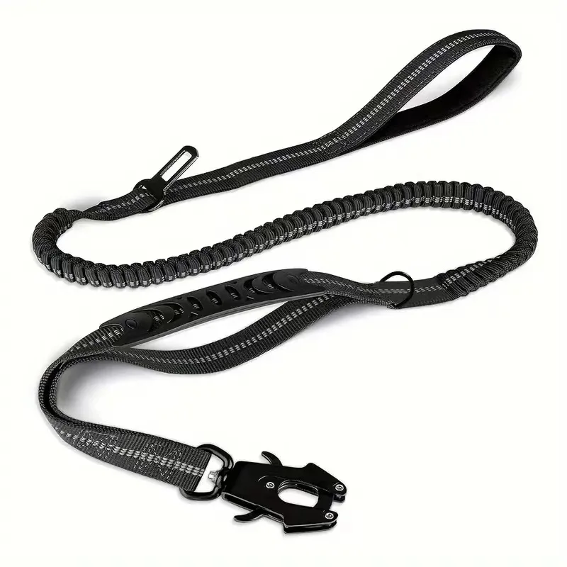Heavy Duty Tactical Reflective Extendable Nylon Dog Leash for Medium Large Breeds with Strong Bungee Frog Clip and Car Seat Belt