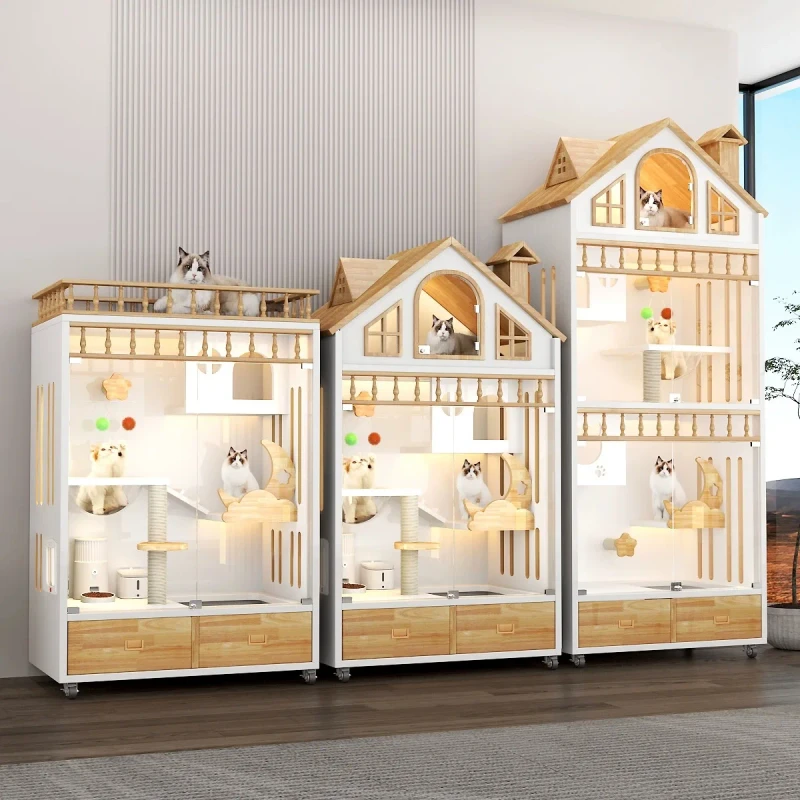 High End Customizable Indoor Cat House Elegant Pet Villa Large Panoramic Nest LED Cat Cage Pointed Counter Showcase Display