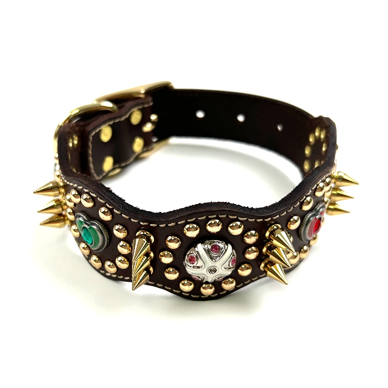 High End Dog Collar Customized Outdoor Training Pet Supplies with Diamond & Spike Solid Pattern Luxury Leather