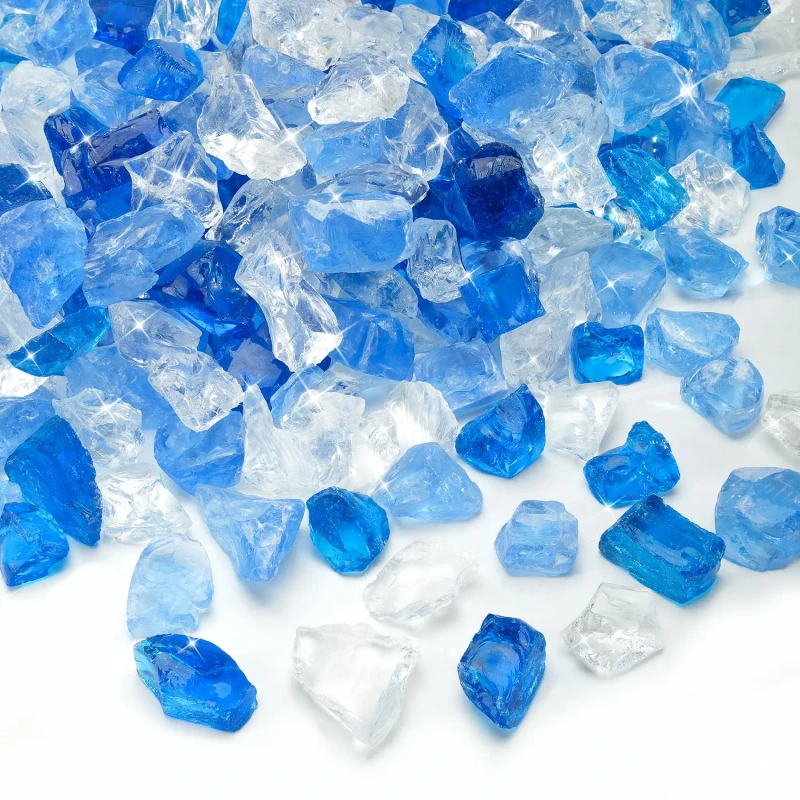 High Luster Sea Blue Ice Clear Crushed Fire Glass Chips Industrial Kitchen Dining Living Room Bathroom Natural Propane Fire Pit