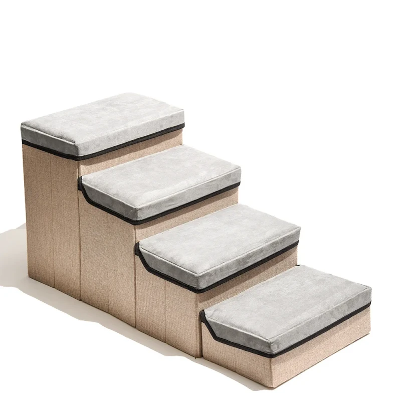 High Quality Beige Foldable Dog Stairs with Storage for Small Dogs 3 4 Steps Adjustable Pet Stairs Ramp for Beds