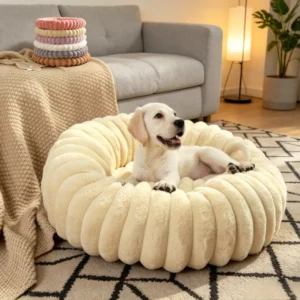 High Quality High Gram Weight Warm Winter Bunny Fur Pet Bed Striped Soft Round Dog Beds Washable Plush Cushion Cat Bed