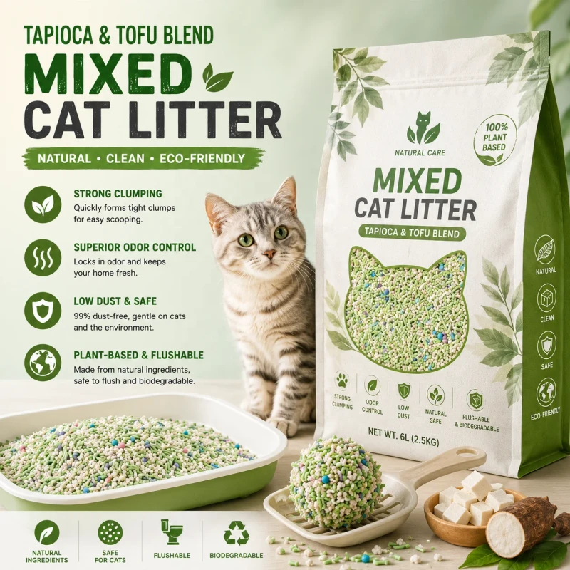High Quality Mixed Cat Litter Powerful Odor Control Fast Absorption Clumping Dust Free Harmless to Pets