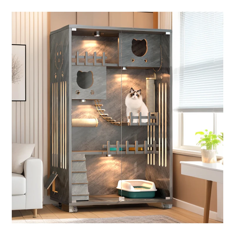 High Quality Multi Layer Luxury Solid Wood Cat House Eco Friendly Breathable Pet Carrier Small Animals Upgraded Cat Cage Villa