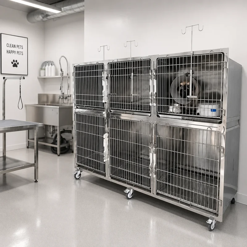 High Quality Veterinary Stainless Steel Pet Cage Dog Cat Medical Kennel with Wheels for Animal Hospital