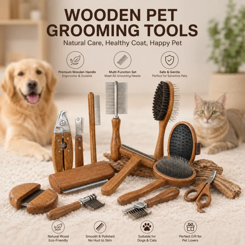 High Quality Wooden Pet Grooming Kit Comb Brush Slicker Deshedding Rake Nail Trimmer Dog Cat Hair Cleaning Tool Customized logo