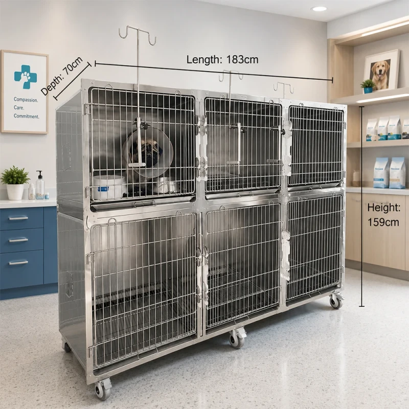 High Strength Stainless Steel Animal Cage Veterinary Dog Cat Kennel with Wheels for Pet Hospital Clinic