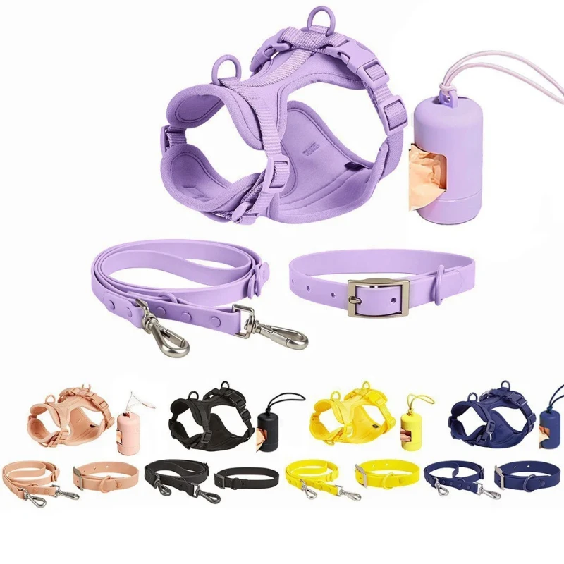 IDEPET Multiple Color Pet Accessories PVC Dog Harness Leash Collar for Dogs Outdoor Adjustable Solid Dog Harness and Leashes Set