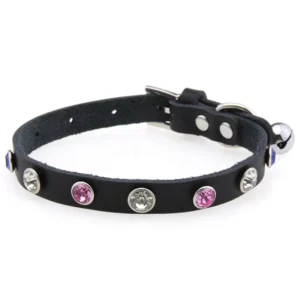Imitation Diamond Sparkling Rhinestone Rivet Adjustable Pet Collar Bell Small Dogs Genuine Leather Cat Collar