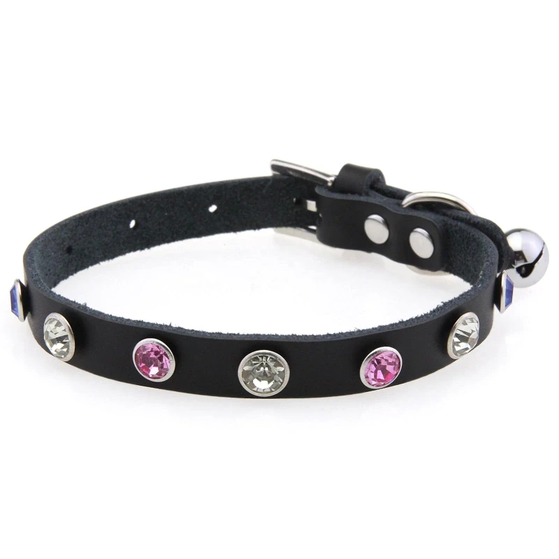 Imitation Diamond Sparkling Rhinestone Rivet Adjustable Pet Collar Bell Small Dogs Genuine Leather Cat Collar