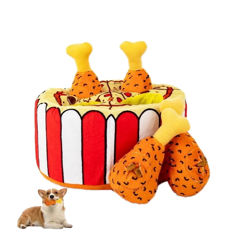 In Stock Eco Friendly Plush Dog Squeak Toys Fried Chicken Legs and Pizza Snuffle Puzzle Cognitive Squeaky Toys for Dogs