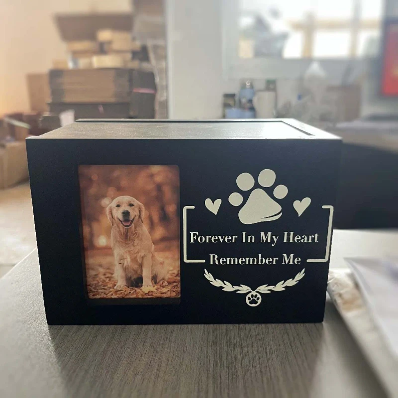 In Stock Modern Eco Friendly Wooden Square Pet Urn with Photo Frame for Dogs Memorial Casket Single Support Made in China