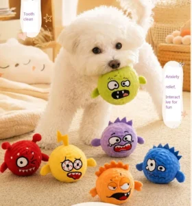 In stock Bounce Ball Pet Toys Squeaky Tooth Clean Interactive High Resistance Little Monster Design Plush Chew Toy for Dogs