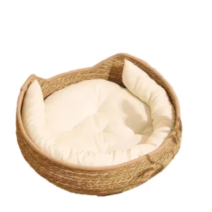 Indoor Eco-Friendly Natural Handcrafted Rattan Winter Solid Luxury Pet Bed for Cats PP Cotton Filling Detachable Pillow Easy