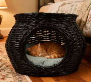 Indoor Handwoven Rattan Cat Bed House with Cozy Cushion Stylish Wicker Pet Furniture