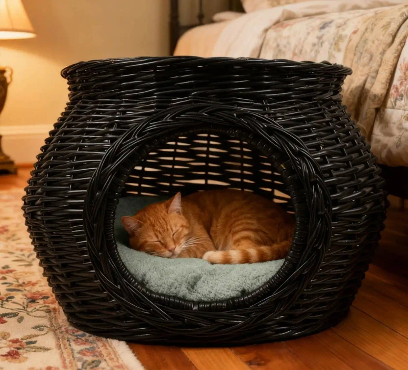 Indoor Handwoven Rattan Cat Bed House with Cozy Cushion Stylish Wicker Pet Furniture