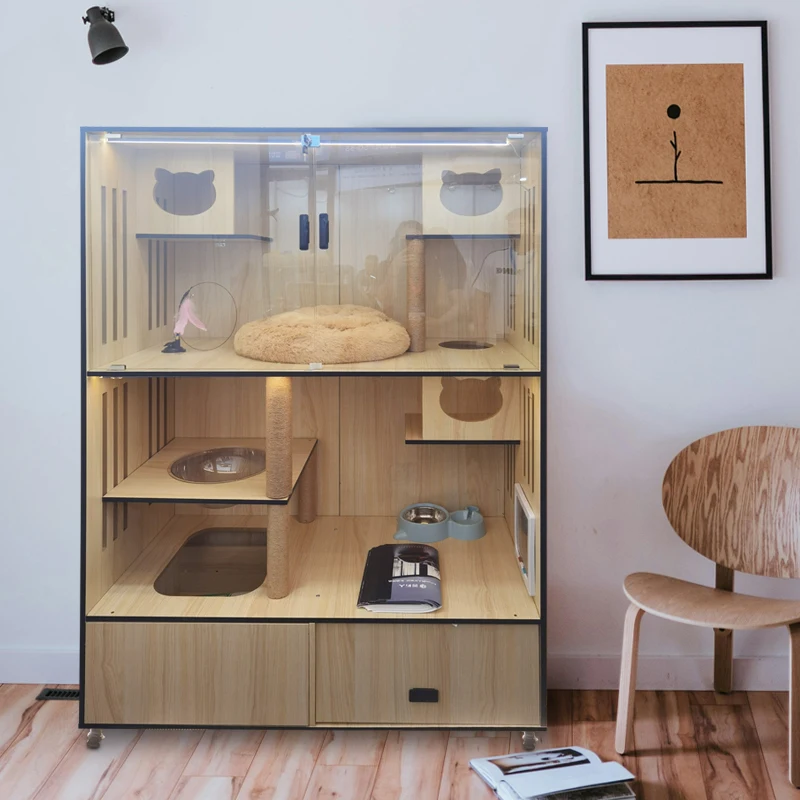 Indoor Multi Levels Luxury Cat House Wooden Pet Cage Furniture Cat Nest Tree House Cat Villa