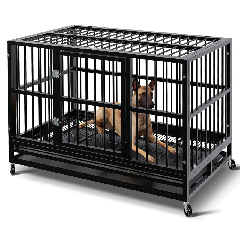 Indoor Outdoor Dog Kennel Black Tough Metal Tube Cage with Removable Tray Easy Move Pet Dogs Housing