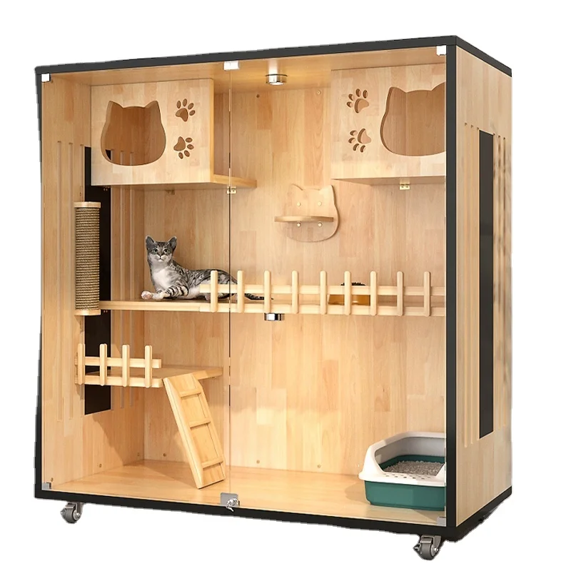 Indoor Panoramic Multi Levels Luxury Pet Cage Furniture Cat Nest Tree House Cat Villa Wooden Cat House