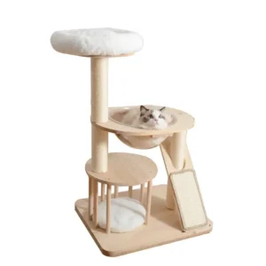 Indoor Wooden Cat Tree Tower with Scratching Post Hammock and Removable Top Bed Space Saving Multi Level Indoor Cat Furniture