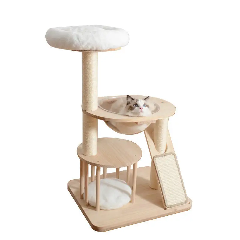 Indoor Wooden Cat Tree Tower with Scratching Post Hammock and Removable Top Bed Space Saving Multi Level Indoor Cat Furniture