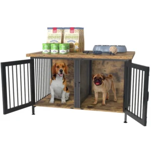 Indoor Wooden Pet Kennel 2 in 1 TV Stand Large Double Dog Crate Furniture with Dog Feeders Bowls