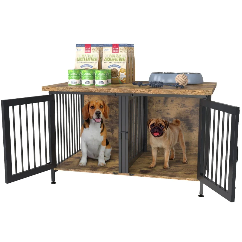 Indoor Wooden Pet Kennel 2 in 1 TV Stand Large Double Dog Crate Furniture with Dog Feeders Bowls