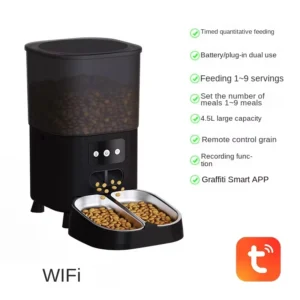 Intelligent 4.5L Capacity Pet Feeder with 2 Stainless Steel Bowls WIFI App-Controlled for 2 Cats 2 Cat Pet Bowls & Feeders