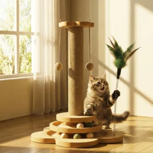 Interactive Cat Scratching Post with Vertical Sisal Rope and Wooden Track Toy for Kitten Indoor Activity Center