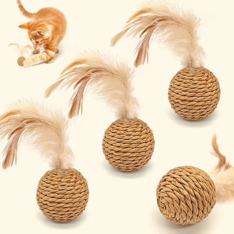 Interactive Durable Pet Toy Rattan Sounding Bell Ball with Feather for Cat Chasing and Running