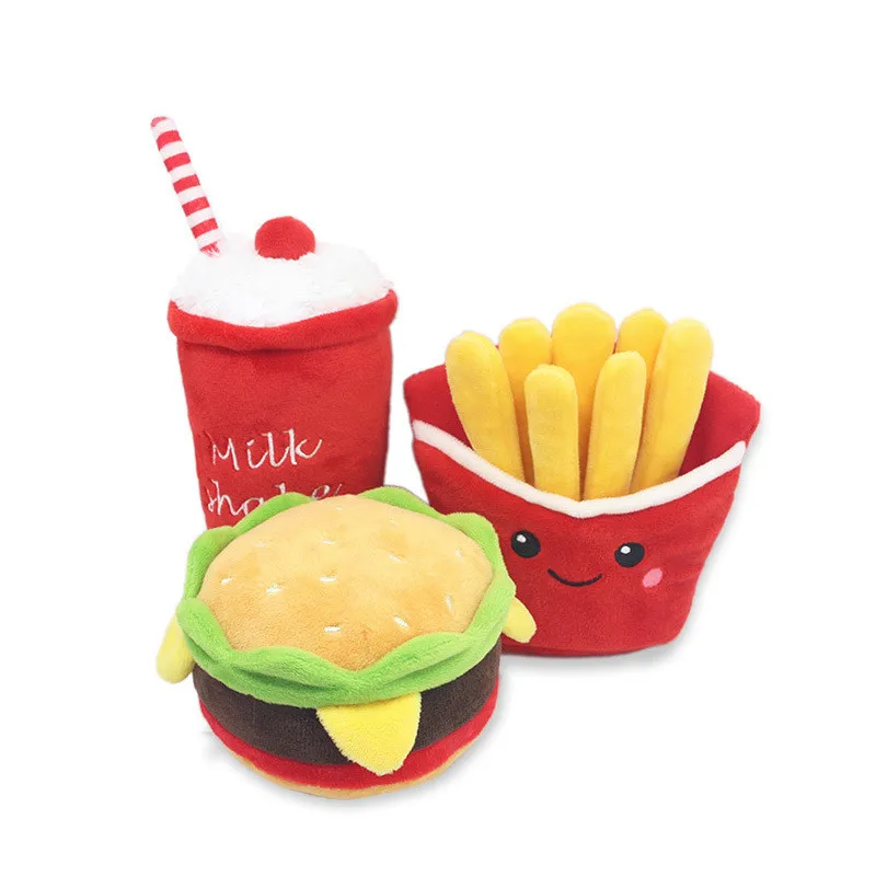 Interactive Pet Plush Toy in the Shape of Hamburger Fries Milkshake with Squeak Sound for Cats and Dogs