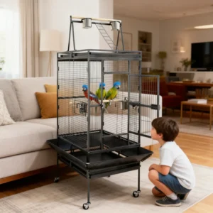 Iron Large Wire Breeding Cage Rectangle Shape Plastic Tray Push Up Closure Removable Casters for Parrot