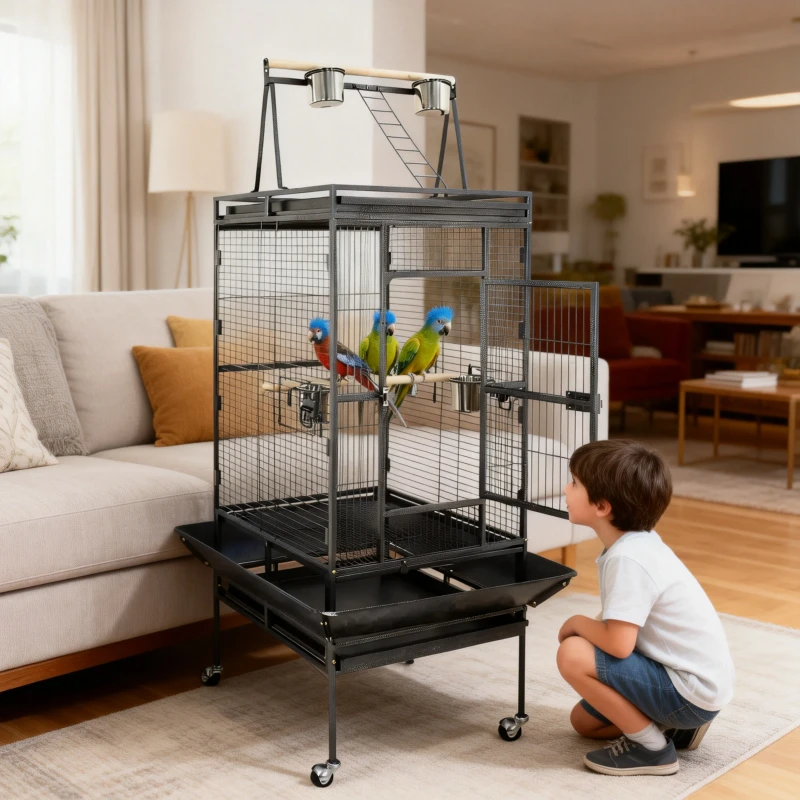 Iron Large Wire Breeding Cage Rectangle Shape Plastic Tray Push Up Closure Removable Casters for Parrot