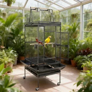Iron Large Wire Parrot Breeding Cage Bird Supplies Set Plastic Tray Push Up Closure Rectangle Shape Removable Casters