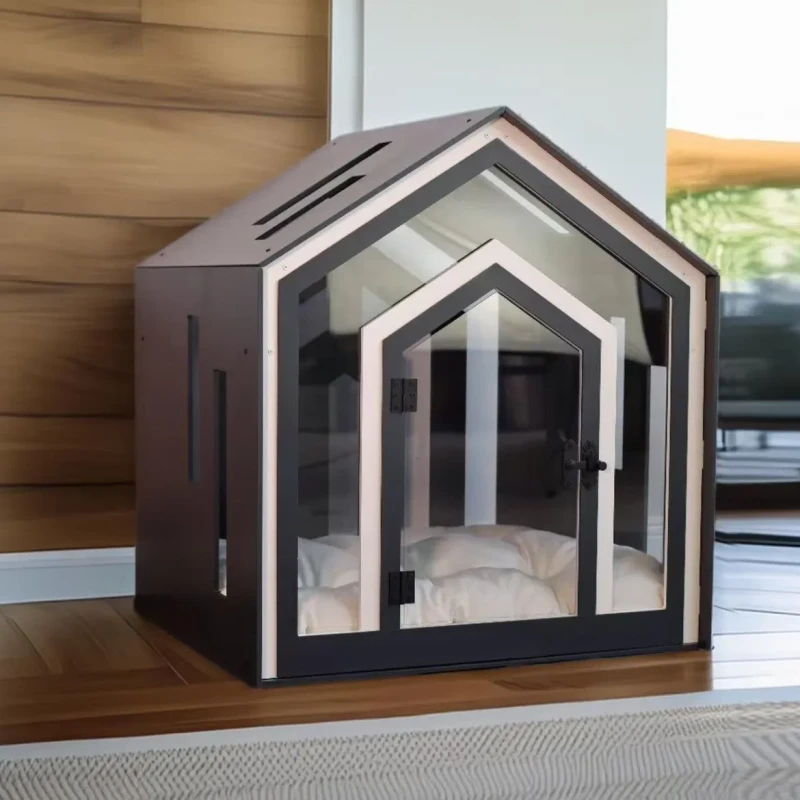 JUNJI Wooden Dog Kennel with Acrylic Door Dog House with Bed