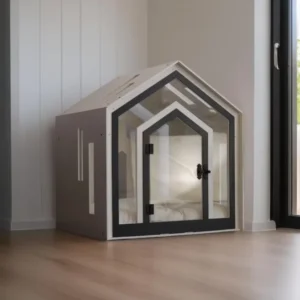 JUNJI Wooden Dog Kennel with Acrylic Door Dog House with Bed